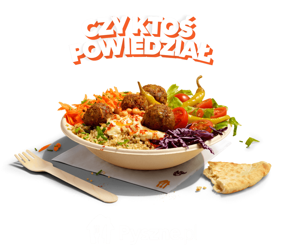 Grafica di CZY KTOŚ POWIEDZIAŁ sopra una ciotola di falafel e verdura su sfondo arancione con logo Pyszne.pl sotto